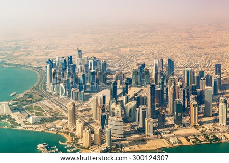 DOHA, QATAR - JANUARY 3: An aerial photograph of Doha buildings in Doha, Qatar on January 3, 2015. This northern area is a large urban development and the central business district of Doha, Qatar.