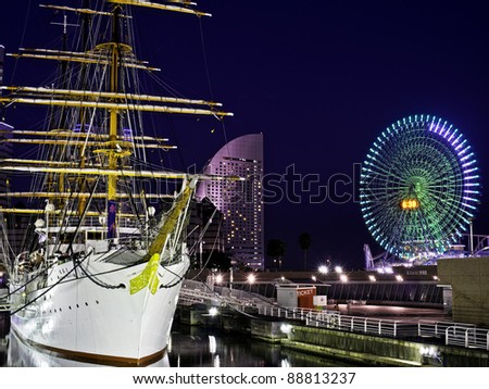 Nippon Maru in Yokohama, Japan at night. Nippon Maru was built in Kobe in 1930. It was a training ship for the cadets of the Japanese merchant marine.