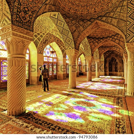 Interior and ceiling of historical building Nasir al-Mulk Mosque in Shiraz, Iran