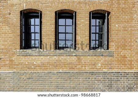 Windows in a red brick wall (at Yokohama Red Brick Warehouse)