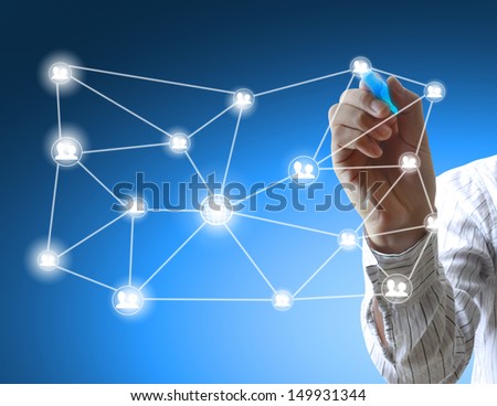 Business man drawing social network structure grid