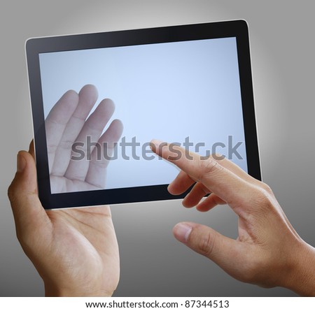Man hands are pointing on touch screen