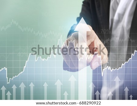 Businessman touching graphs of financial indicator and accounting market economy analysis, display data of fast growing business with different types of graphs bar and line chart on visual screen