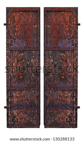 Rusty rough and dirty industrial steel doors or gate with ring pulls and latches assembled with rivets and bolts isolated on white