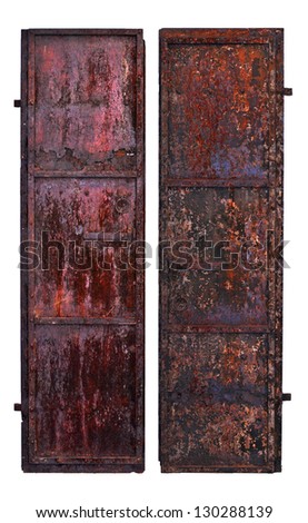 Rusty rough and dirty industrial steel doors or gate with ring pulls and latches assembled with rivets and bolts isolated on white