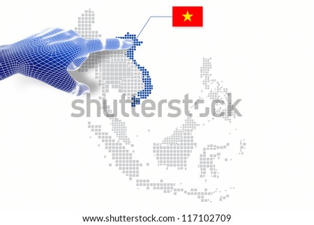 3d Finger touch on  display Vietnam map and flag.