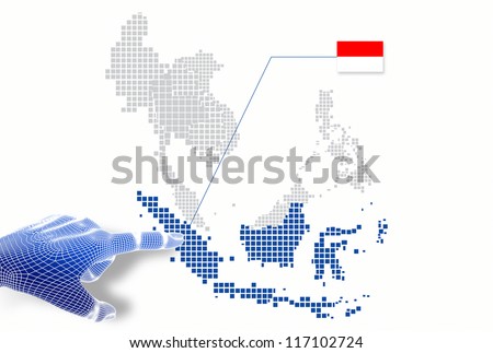 3d Finger touch on  display Indonesia map and flag.