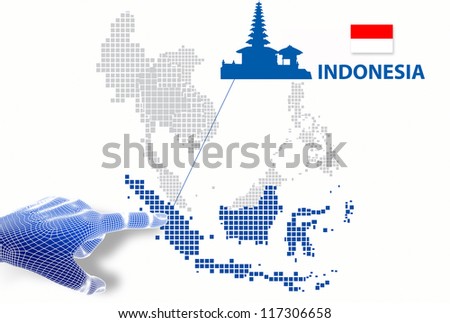 3d Finger touch on display Indonesia map and flag.