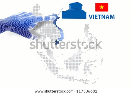 3d Finger touch on display Vietnam map and flag.