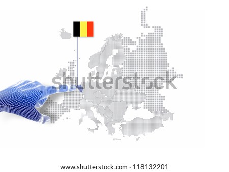 3d Finger touch on display Belgium map and flag.