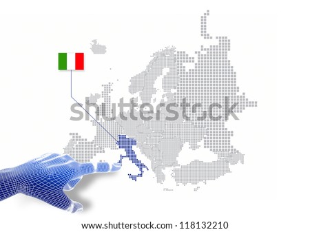 3d Finger touch on display Italy map and flag.