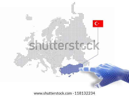3d Finger touch on display Turkey map and flag.