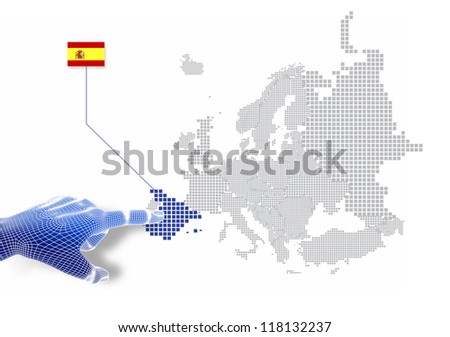 3d Finger touch on display Spain map and flag.
