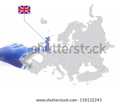 3d Finger touch on display United kingdom map and flag.