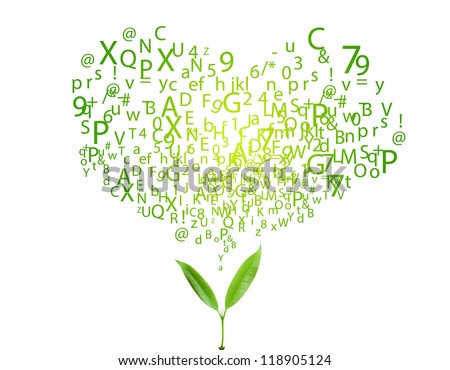 Heart shape from letters - typographic composition and green leafs