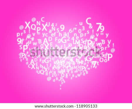 Heart shape from letters - typographic composition on pink background