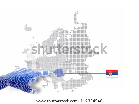 3d Finger touch on display Serbia map and flag.