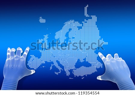 3d Finger touch on display Euro Map on blue background.