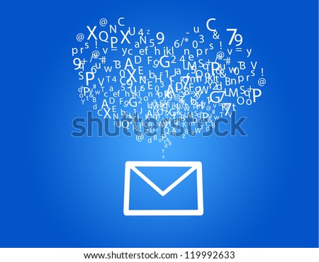 Heart shape from letters - typographic composition on blue background
