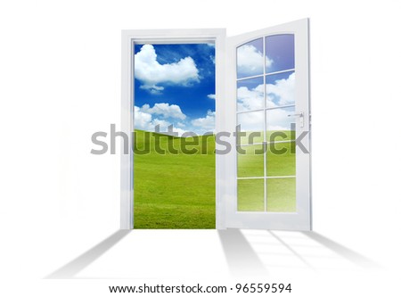 Home door open in a green clean field