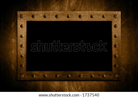 A metal frame / border made of rivets / bolts holding sheets of textured metal together on a textured grunge background. Add your own image or text in the center.