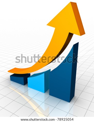 A 3D rendering of a simple curved business bar graph on a white reflective background showing an ornage arrow curving upwards to show profits and gains