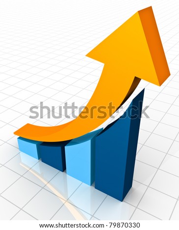 A 3D rendering of a simple curved business bar graph on a white reflective background showing an ornage arrow curving upwards to show profits and gains