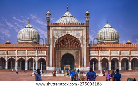 New Delhi, INDIA - MAY 27: View of the Jama Masjid at New Delhi, where lots of muslim visitors come for prayers and toursist visit to see the architecture, where this photo was taken on 27 May 2015.