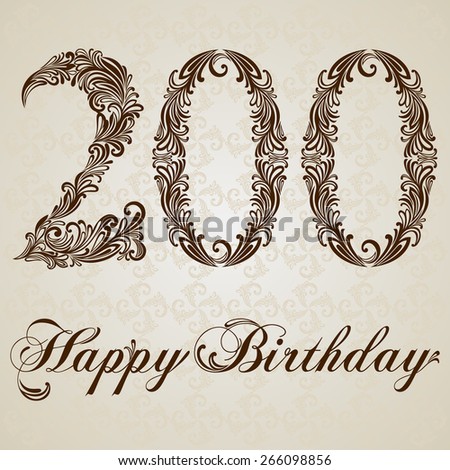 Happy birthday card with number 200 . Vector Anniversary Celebration Design Background. Swirl Style Illustration.