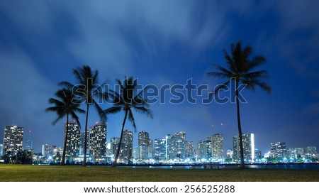 Hawaii skyline and palm trees at night