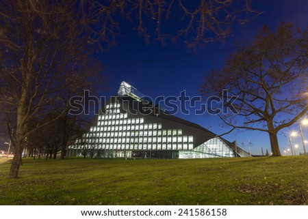 RIGA, LATVIA - OCTOBER 29, 2014: New Building of National Library of Latvia, known also as Castle of Light will be the main venue in Riga for Latvian Presidency of the Council of the European Union