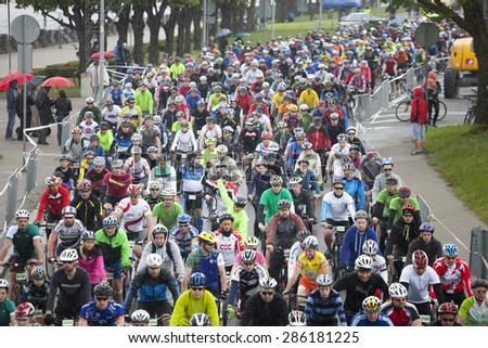 RIGA, LATVIA - MAY 31, 2015: Mass start of Riga Cycling Marathon Folk Distance (31.6km).
