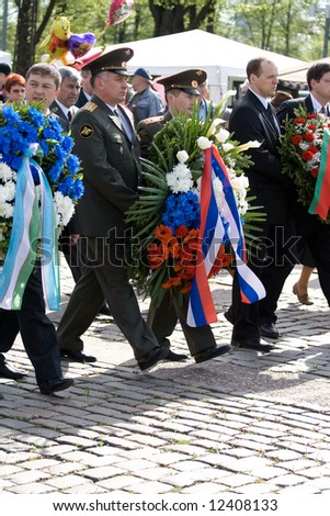 Celebration of May 9 Victory Day (Eastern Europe) in Riga at Victory Memorial to Soviet Army