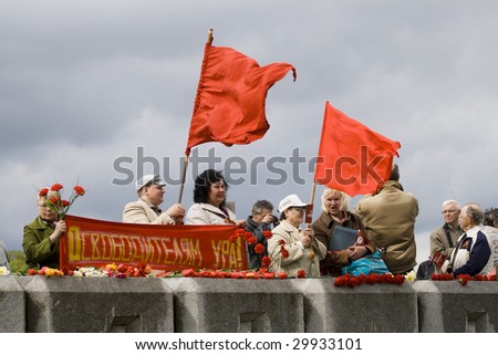 RIGA, LATVIA, MAY 9, 2009: Celebration of May 9 Victory Day (Eastern Europe) in Riga at Victory Memorial to Soviet Army