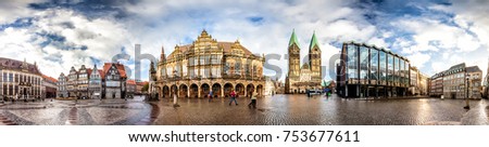 Skyline of Bremen main market square in the centre of the Hanseatic City, Germany. 360 degree panoramic montage from 37 images