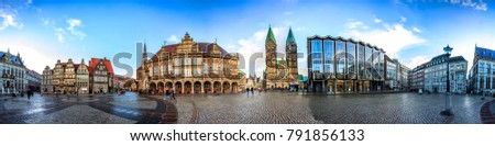 Skyline of Bremen main market square in the centre of the Hanseatic City, Germany. 360 degree panoramic montage from 27 images