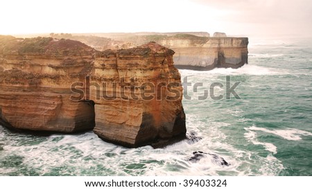 Morning light over natural cliff formations in Victoria, Australia. Scenics from Great Ocean Road.