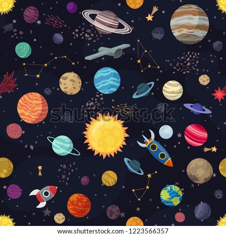 Carton seamless space with planets and spaceships. Vector Illustration