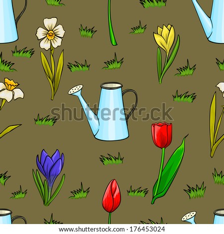 Vector cartoon gardening seamless pattern with spring flowers