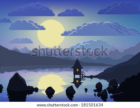 Night mountain lake vector landscape