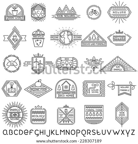 Set of 25 vector thin linear ecology labels and linear font Set of 25 vector thin linear ecology labels and linear font