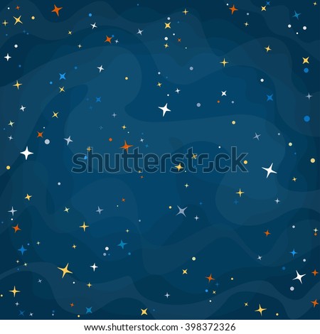 Cartoon space background with colorful stars. Night starry sky. Vector illustration.