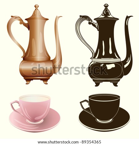 Vector Tea Set: Antique Tea Pot And Cup In Color And Monochrome