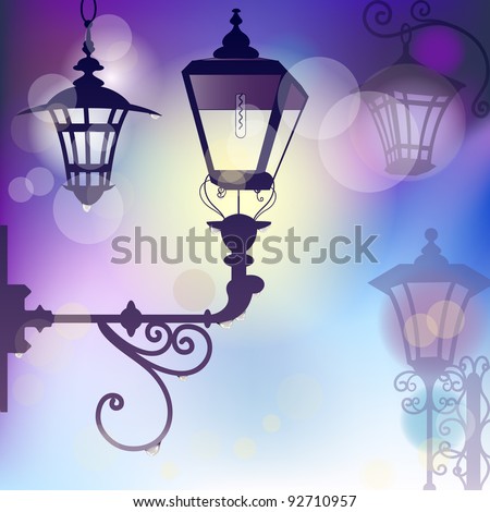 Vector morning background with wrought lanterns with raindrops and flare lights