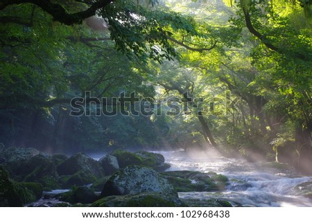 Mountain stream and shaft beam of light