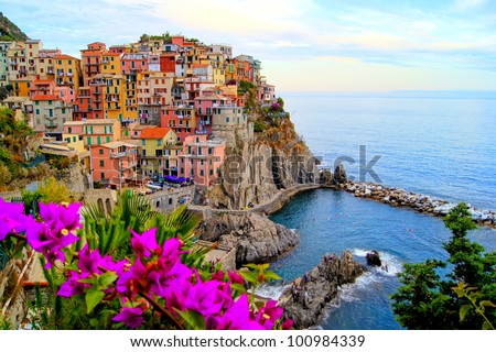 Village of Manarola, on the Cinque Terre coast of Italy with flowers