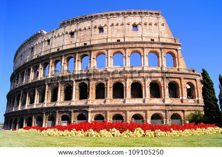 Ancient Colosseum, with flowers, Rome, Italy
