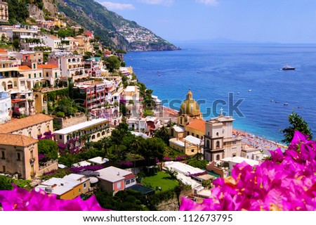 View Of The Town Of Positano With Flowers, Amalfi Coast, Italy