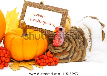 Happy Thanksgiving card with pumpkin and turkey decor over white
