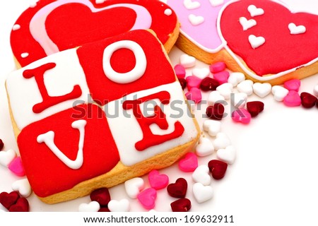 Group of Valentines Day cookies and candy